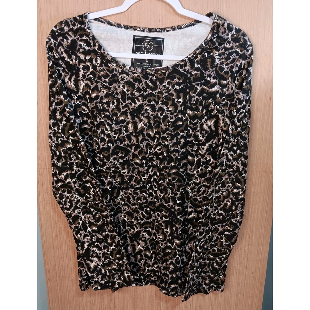 Sag Harbor Sz L Ladies Leopard Print Long Sleeves Scoop Neck‎ Shirt Top